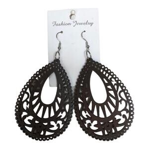Neutral Bohemian Lightweight Wooden Laser Cut Tear Drop French Wire Earrings